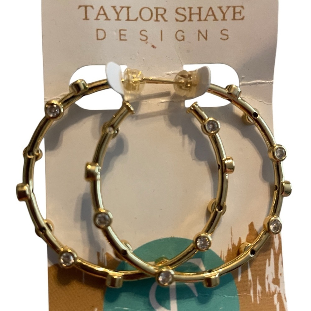 Taylor Shaye 2 inch hoop earrings with crystals in gold tone